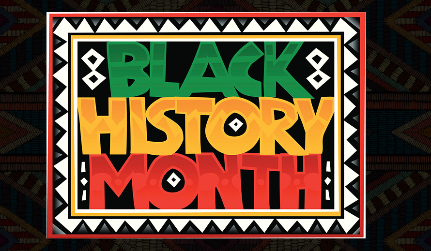 Bright red, black, white, yellow and green sign reading Black History Month.